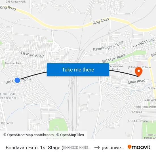 Brindavan Extn. 1st Stage (ಬೃಂದಾವನ ಬಡಾವಣೆ 1ನೇ ಹಂತ) to jss university map