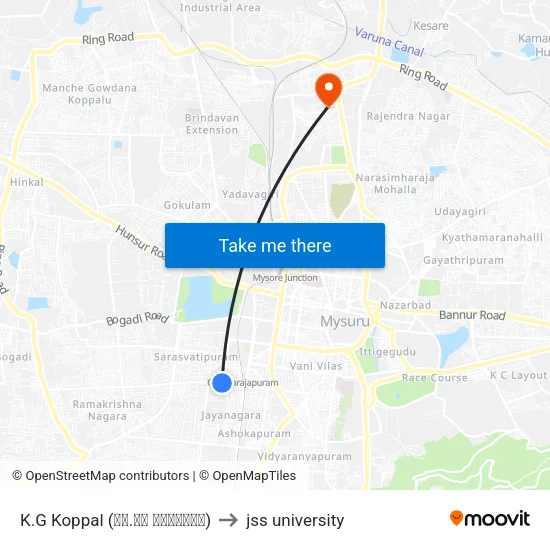 K.G Koppal (ಕೆ.ಜಿ ಕೊಪ್ಪಲು) to jss university map