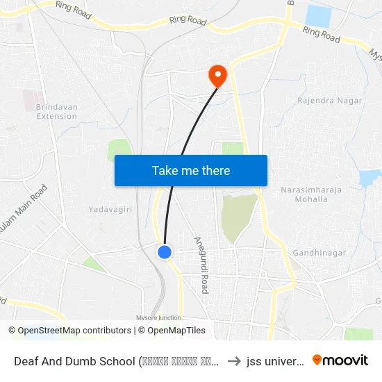 Deaf And Dumb School (ಕಿವುಡ ಮತ್ತು ಮೂಗರ ಶಾಲೆ) to jss university map