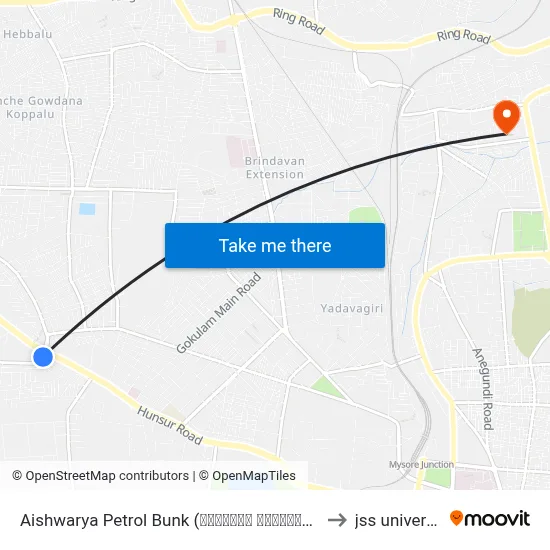 Aishwarya Petrol Bunk (ಐಶ್ವರ್ಯ ಪೆಟ್ರೋಲ್ ಬಂಕ್) to jss university map