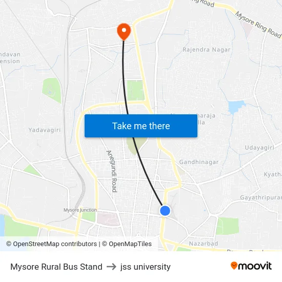 Mysore Rural Bus Stand to jss university map
