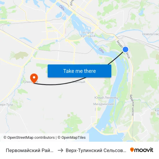 Первомайский Район to Верх-Тулинский Сельсовет map