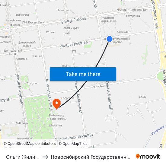 Ольги Жилиной Ул. (Крылова) to Новосибирский Государственный Университет Экономики И Управления map