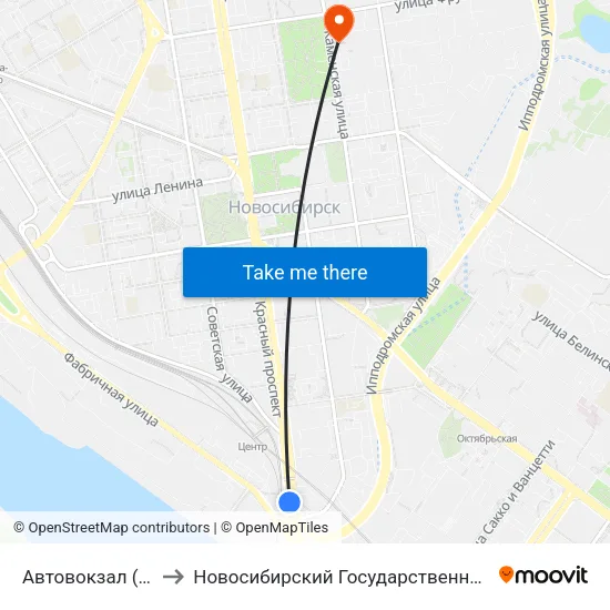 Автовокзал (Красный Проспект) to Новосибирский Государственный Университет Экономики И Управления map