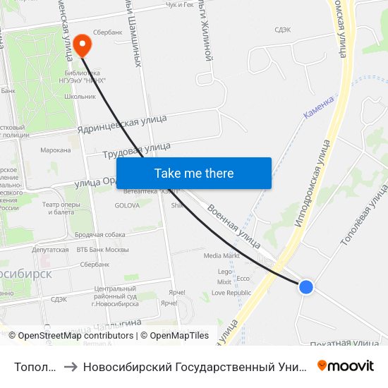 Тополевая Ул. to Новосибирский Государственный Университет Экономики И Управления map