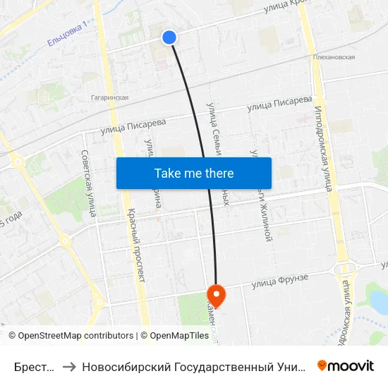 Брестская Ул. to Новосибирский Государственный Университет Экономики И Управления map