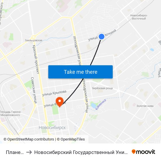 Планетная Ул. to Новосибирский Государственный Университет Экономики И Управления map