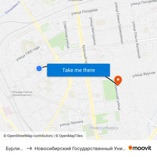 Бурлинская Ул. to Новосибирский Государственный Университет Экономики И Управления map