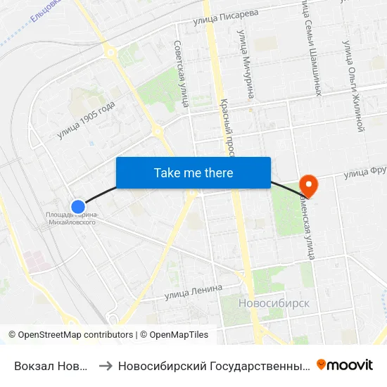 Вокзал Новосибирск-Главный to Новосибирский Государственный Университет Экономики И Управления map