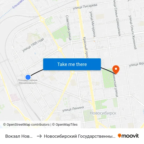 Вокзал Новосибирск-Главный to Новосибирский Государственный Университет Экономики И Управления map