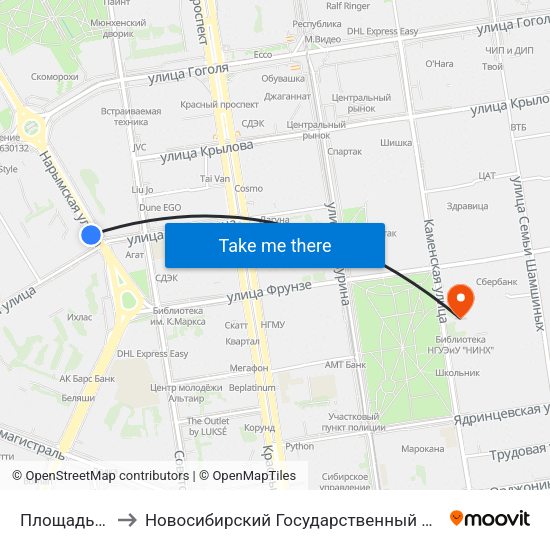 Площадь Кондратюка to Новосибирский Государственный Университет Экономики И Управления map