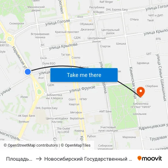 Площадь Кондратюка to Новосибирский Государственный Университет Экономики И Управления map