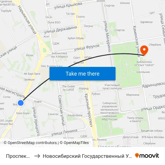 Проспект Димитрова to Новосибирский Государственный Университет Экономики И Управления map