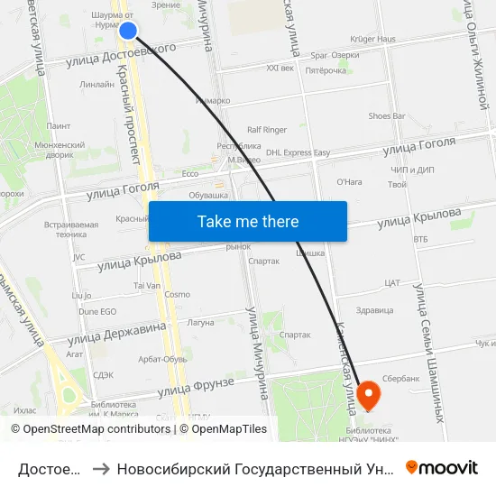 Достоевского Ул. to Новосибирский Государственный Университет Экономики И Управления map