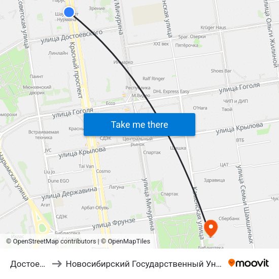 Достоевского Ул. to Новосибирский Государственный Университет Экономики И Управления map