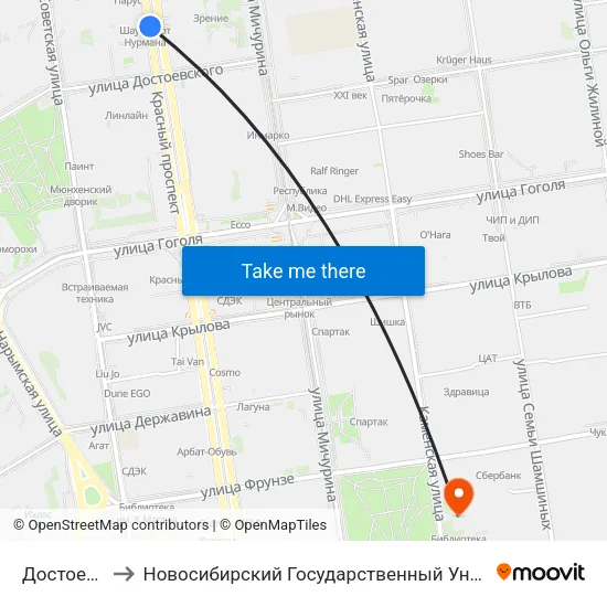 Достоевского Ул. to Новосибирский Государственный Университет Экономики И Управления map