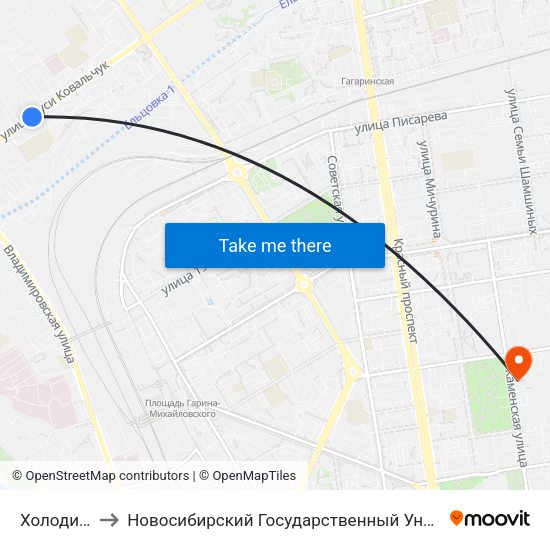 Холодильная Ул. to Новосибирский Государственный Университет Экономики И Управления map