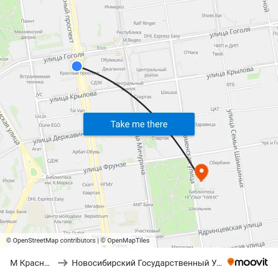 М Красный Проспект to Новосибирский Государственный Университет Экономики И Управления map