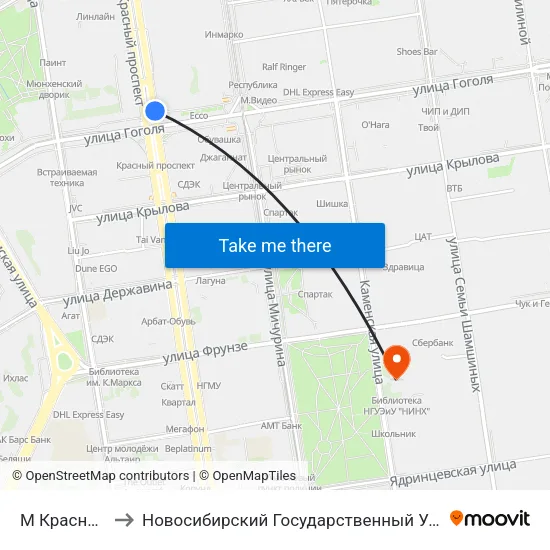 М Красный Проспект to Новосибирский Государственный Университет Экономики И Управления map