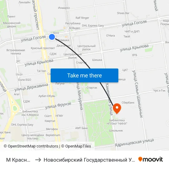 М Красный Проспект to Новосибирский Государственный Университет Экономики И Управления map