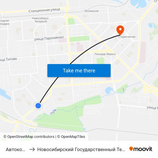 Автокомбинат to Новосибирский Государственный Технический Университет map