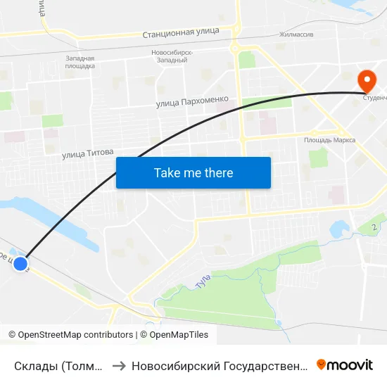 Склады (Толмачевское Шоссе) to Новосибирский Государственный Технический Университет map