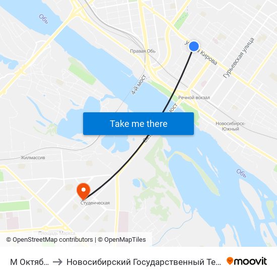 М Октябрьская to Новосибирский Государственный Технический Университет map