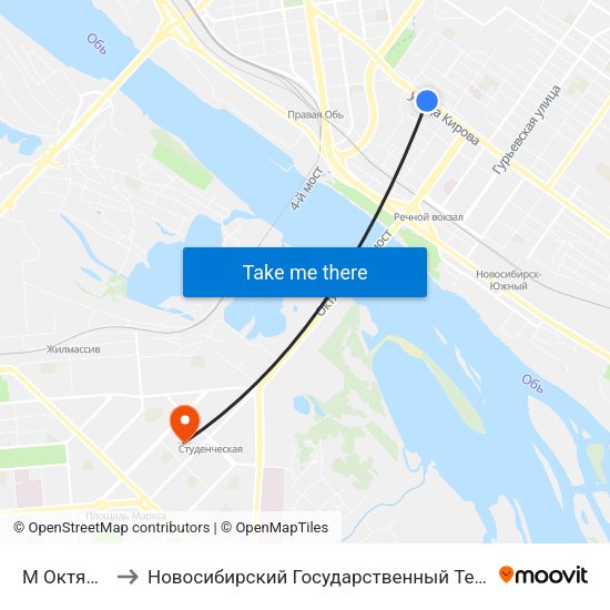 М Октябрьская to Новосибирский Государственный Технический Университет map