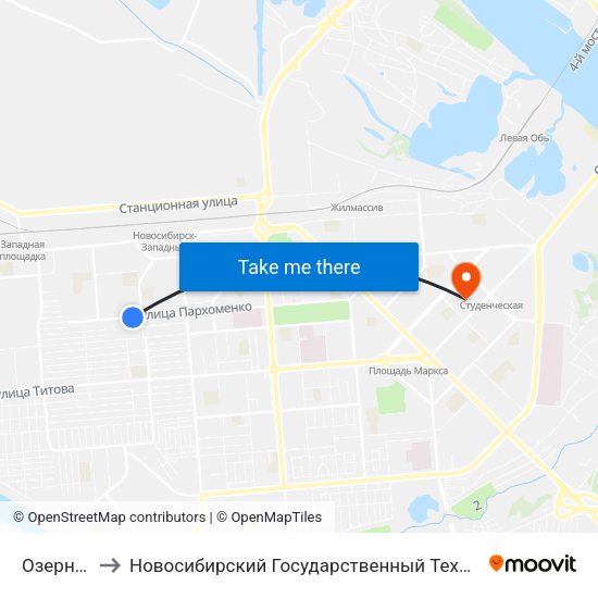 Озерная Ул. to Новосибирский Государственный Технический Университет map