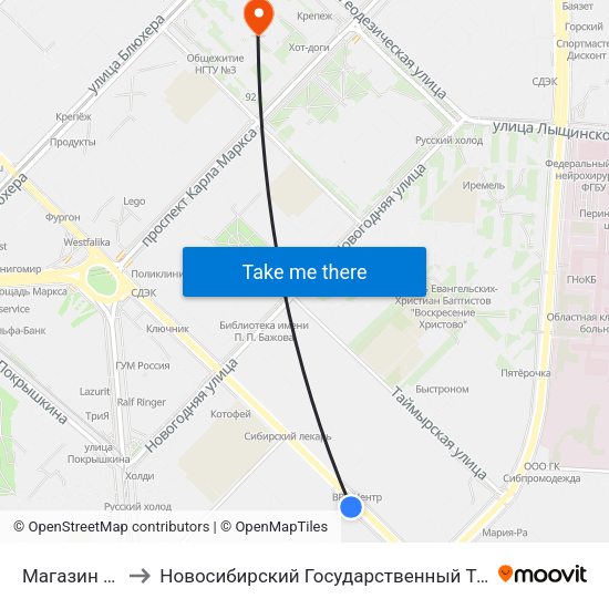 Магазин Сюрприз to Новосибирский Государственный Технический Университет map
