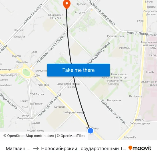 Магазин Сюрприз to Новосибирский Государственный Технический Университет map
