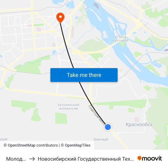 Молодежная to Новосибирский Государственный Технический Университет map