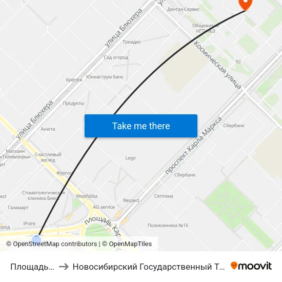 Площадь Маркса to Новосибирский Государственный Технический Университет map