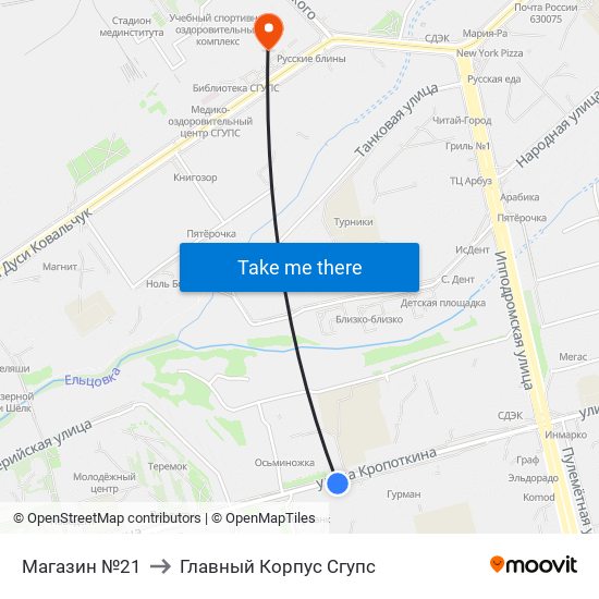 Магазин №21 to Главный Корпус Сгупс map