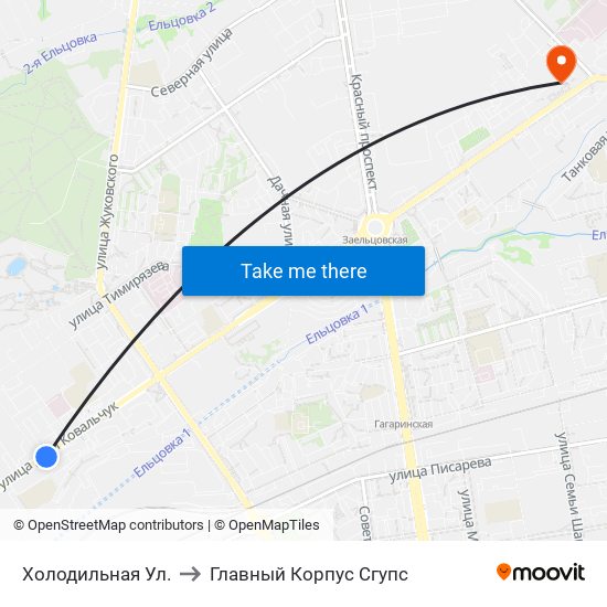 Холодильная Ул. to Главный Корпус Сгупс map