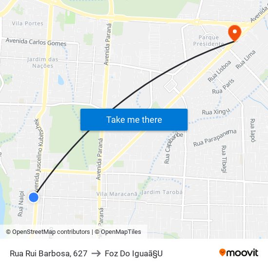 Rua Rui Barbosa, 627 to Foz Do Iguaã§U map