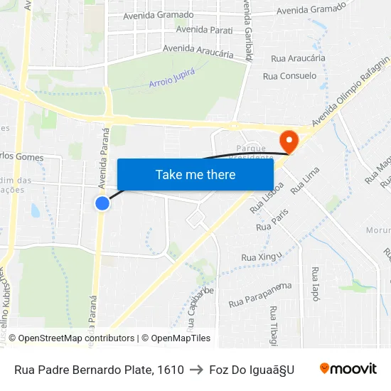 Rua Padre Bernardo Plate, 1610 to Foz Do Iguaã§U map