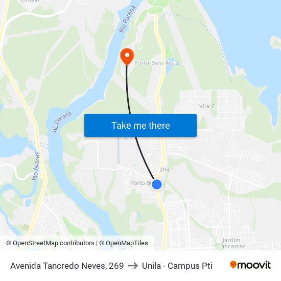 Avenida Tancredo Neves, 269 to Unila - Campus Pti map