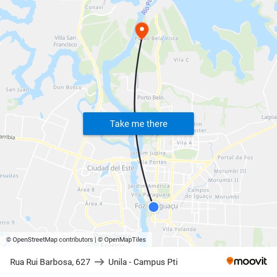 Rua Rui Barbosa, 627 to Unila - Campus Pti map