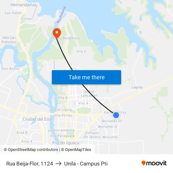 Rua Beija-Flor, 1124 to Unila - Campus Pti map