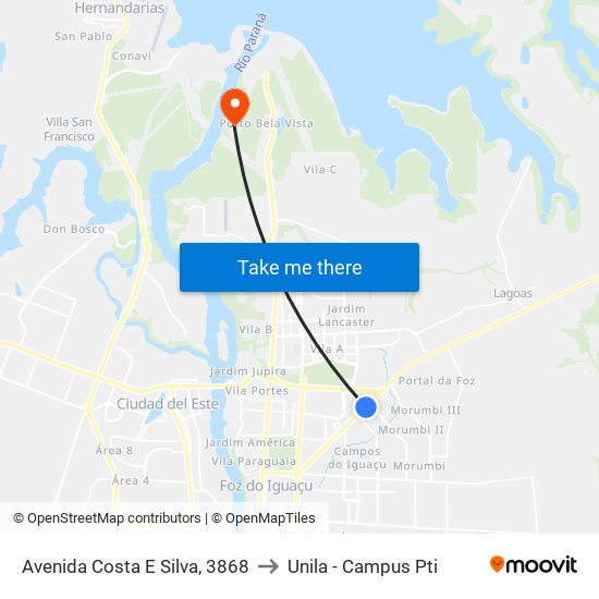 Avenida Costa E Silva, 3868 to Unila - Campus Pti map