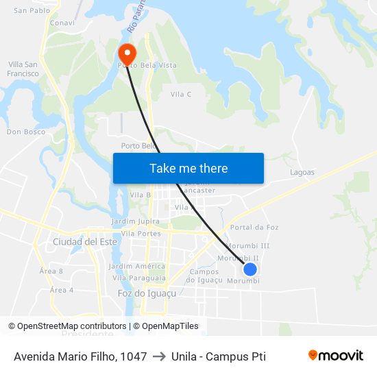 Avenida Mario Filho, 1047 to Unila - Campus Pti map