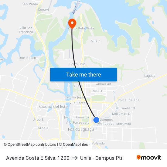 Avenida Costa E Silva, 1200 to Unila - Campus Pti map