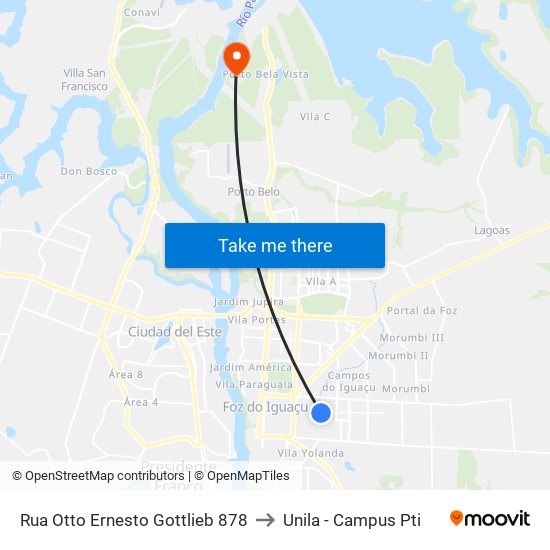 Rua Otto Ernesto Gottlieb 878 to Unila - Campus Pti map