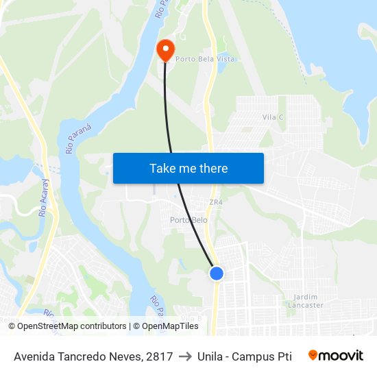Avenida Tancredo Neves, 2817 to Unila - Campus Pti map