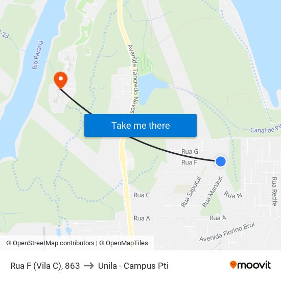 Rua F (Vila C), 863 to Unila - Campus Pti map