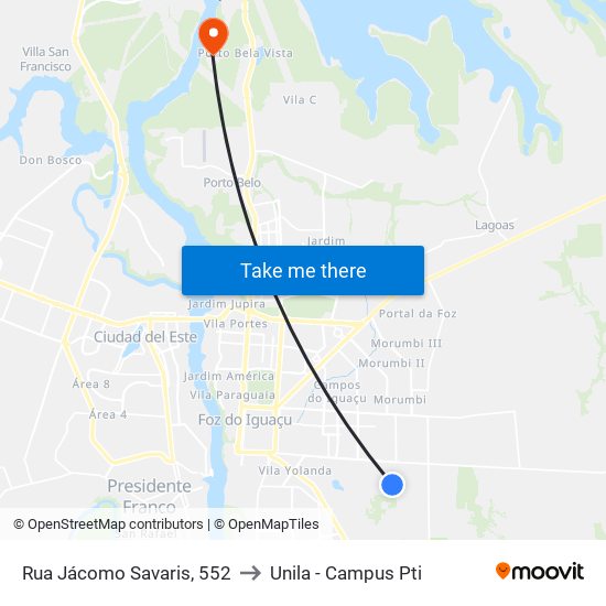 Rua Jácomo Savaris, 552 to Unila - Campus Pti map