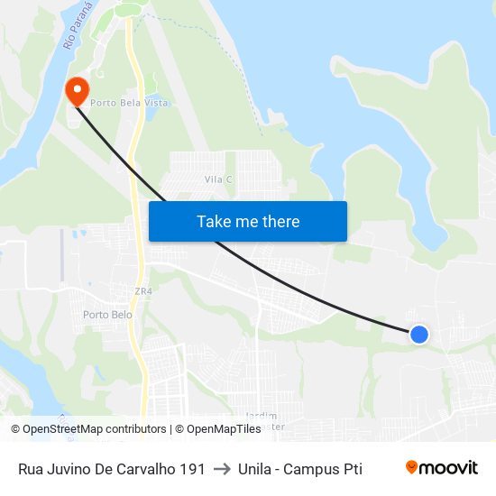Rua Juvino De Carvalho 191 to Unila - Campus Pti map