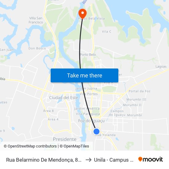 Rua Belarmino De Mendonça, 802 to Unila - Campus Pti map