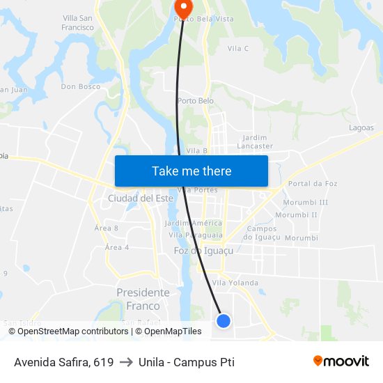 Avenida Safira, 619 to Unila - Campus Pti map